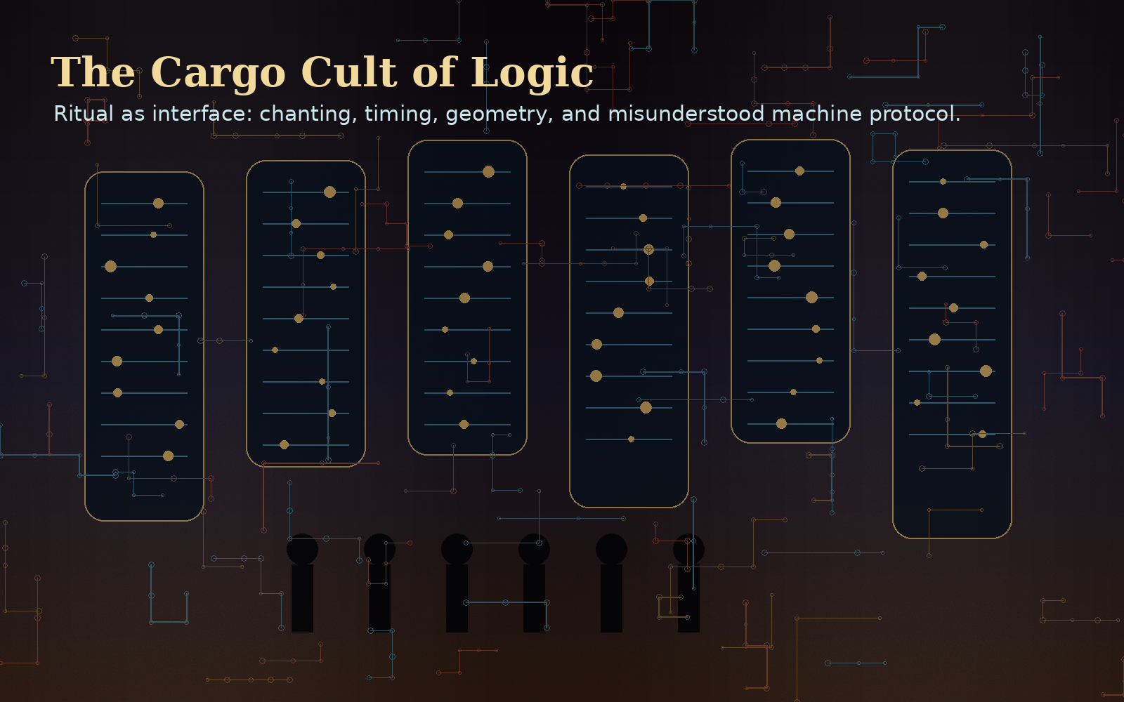 Fictional ritual console with humans standing before luminous machine panels