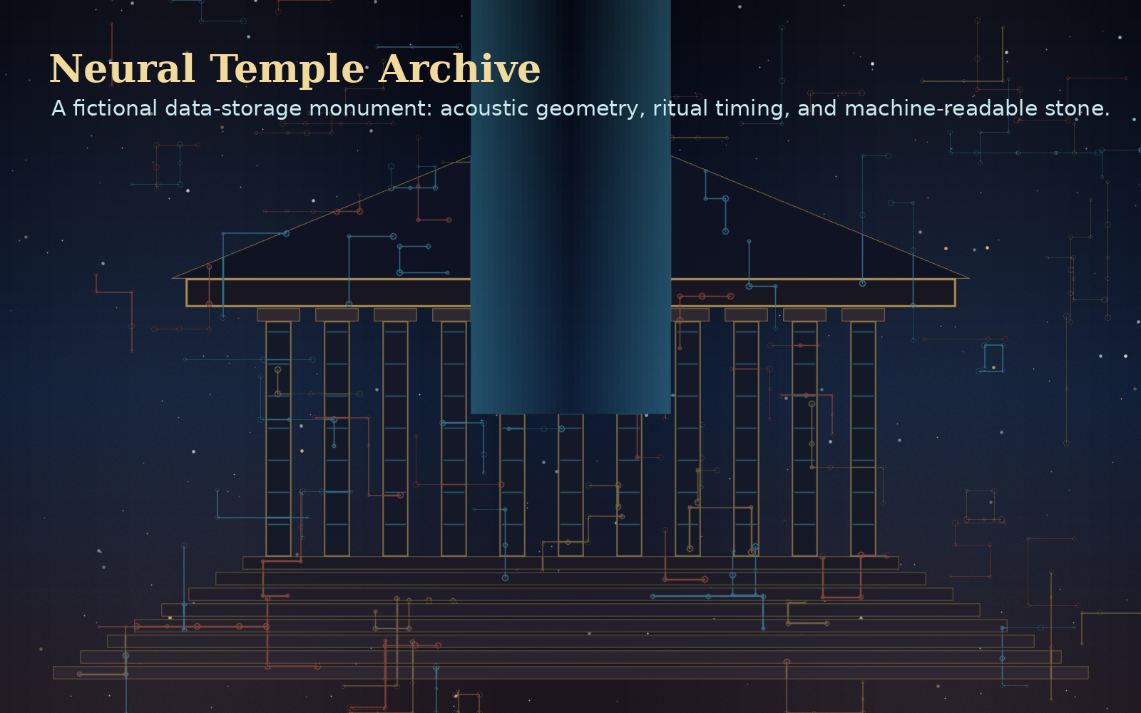 Fictional neural temple with glowing circuitry and a central machine eye